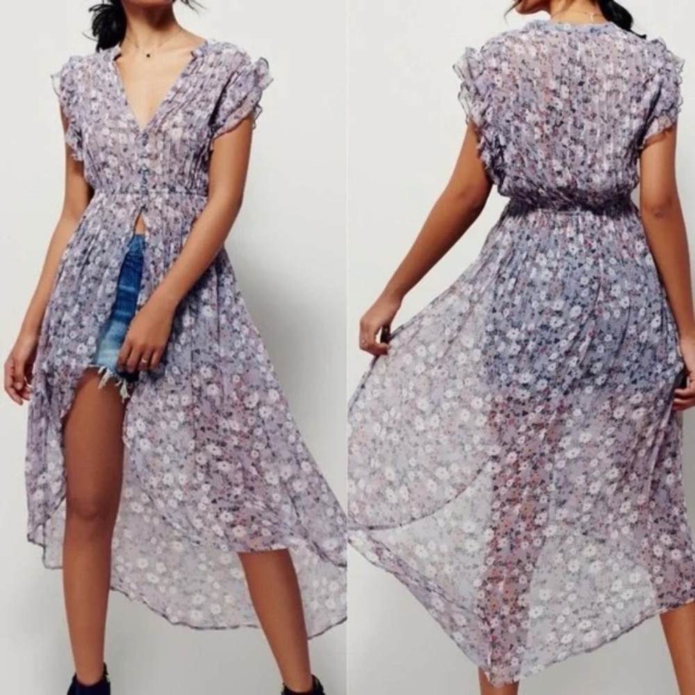 Free People Lady of Avalon Button Front Blouse hi lo maxi shirt tunic